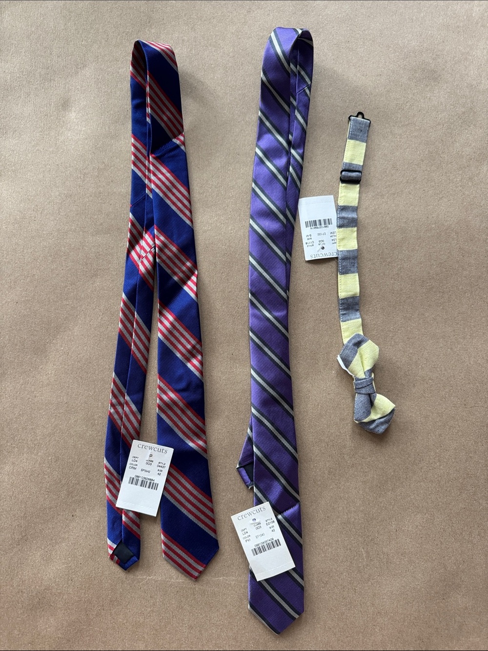 Lot of 3 Crewcuts Blue & Purple Striped Ties with Yellow-Gray Bow Tie